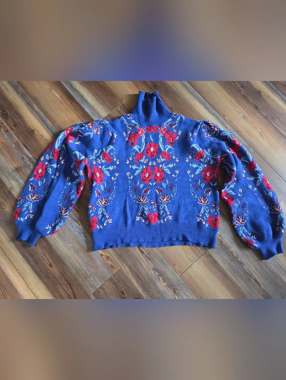 Blue Floral Turtleneck Sweater - Women's Stylish Knit, Size L By Voy